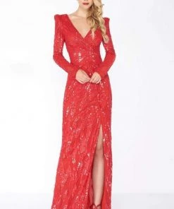 Mac Duggal - 4635R Long Dynasty Sleeve Sequined High Slit Gown 13 Mac Duggal - 4635R Long Dynasty Sleeve Sequined High Slit Gown