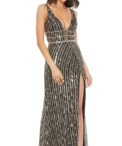 Mac Duggal - 5232 Sequin-Stripe High Slit Dress