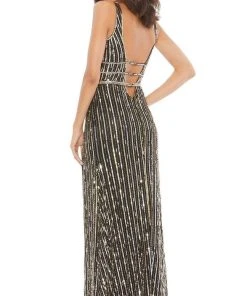 Mac Duggal - 5232 Sequin-Stripe High Slit Dress