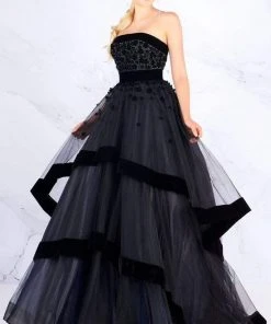 Mac Duggal - 66346H Velvet Trimmed Strapless Tiered Evening Gown