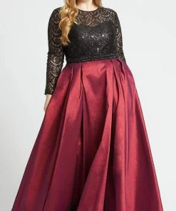 Mac Duggal - 77473F Sequined Lace Long Sleeve Satin Ballgown