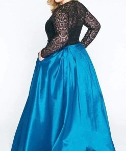 Mac Duggal - 77473F Sequined Lace Long Sleeve Satin Ballgown