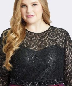 Mac Duggal - 77473F Sequined Lace Long Sleeve Satin Ballgown