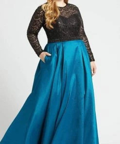 Mac Duggal - 77473F Sequined Lace Long Sleeve Satin Ballgown