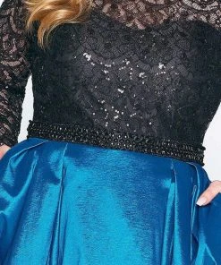 Mac Duggal - 77473F Sequined Lace Long Sleeve Satin Ballgown