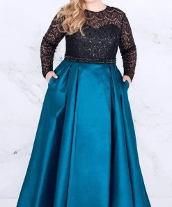 Mac Duggal - 77473F Sequined Lace Long Sleeve Satin Ballgown