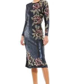 Mac Duggal 93624 - Floral Beadwork Long Sleeved Midi Dress