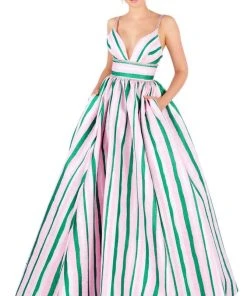 Mac Duggal Ballgowns - 40899H Stripe-Print Plunging Empire Ballgown