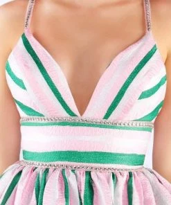 Mac Duggal Ballgowns - 40899H Stripe-Print Plunging Empire Ballgown