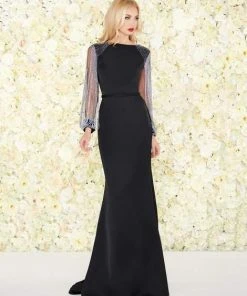 Mac Duggal - Bateau Silver Beaded Trumpet Gown 20116R - 1 Pc Blk In Size 6 Available