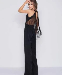 Mac Duggal Black White Red - 12168R Cascading Bead-Fringed Jumpsuit