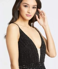 Mac Duggal Black White Red - 4738R Layered Fringe Deep V-neck Dress 11 Mac Duggal Black White Red - 4738R Layered Fringe Deep V-neck Dress