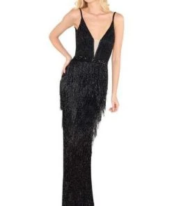 Mac Duggal Black White Red - 4738R Layered Fringe Deep V-neck Dress 12 Mac Duggal Black White Red - 4738R Layered Fringe Deep V-neck Dress