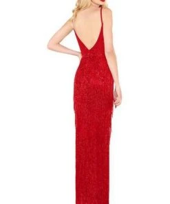 Mac Duggal Black White Red - 4738R Layered Fringe Deep V-neck Dress 15 Mac Duggal Black White Red - 4738R Layered Fringe Deep V-neck Dress