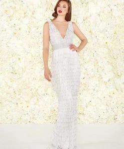 Mac Duggal Black White Red - 4904R Embellished V-neck Fitted Dress