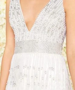 Mac Duggal Black White Red - 4904R Embellished V-neck Fitted Dress