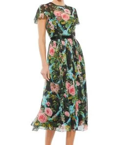 Mac Duggal Cocktail - 9149D Short Sleeve Beaded Waist Floral Dress