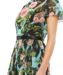 Mac Duggal Cocktail - 9149D Short Sleeve Beaded Waist Floral Dress