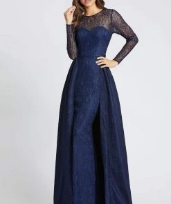 Mac Duggal Evening - 12356D Lace Long Sleeve Dress With Overskirt