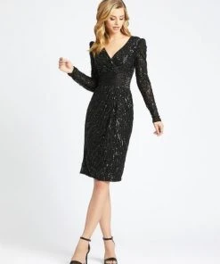 Mac Duggal Evening - 4632D Puffed Long Sleeve Sequined Surplice Dress