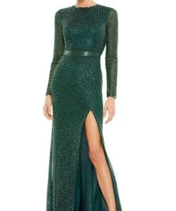 Mac Duggal Evening - 5056D Long Sleeve Beaded High Slit Gown