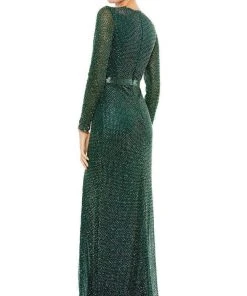 Mac Duggal Evening - 5056D Long Sleeve Beaded High Slit Gown