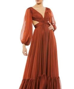 Mac Duggal Evening - 67948D Bishop Sleeve Ruched Cut Out A-Line Dress