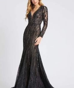 Mac Duggal Evening - 79291D Long Sleeve Sheer Laced Long Dress