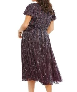 Mac Duggal Fabulouss - 5522F V Neck Embellished Tea Length Dress