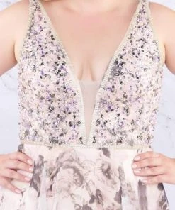 Mac Duggal Fabulouss - 77542F Beaded Plunging Floral A-Line Gown