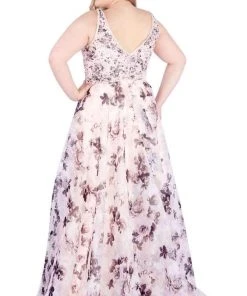 Mac Duggal Fabulouss - 77542F Beaded Plunging Floral A-Line Gown