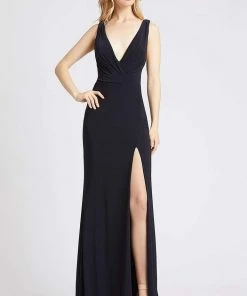 Mac Duggal Flash - 12336L Deep V-neck Sheath Dress With Train