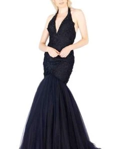 Mac Duggal Flash - 66489L Plunging Halter Embroided Lace Mermaid Gown