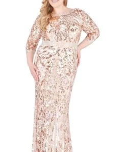 Mac Duggal - Quarter Sleeve Beaded Bateau Sheath Dress 4857F - 1 Pc Rose/Gold In Size 22W Available