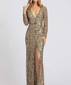 Mac Duggal - Sequined Plunging V-neck Trumpet Gown 5002D - 1 Pc Antique Gold In Size 2 Available