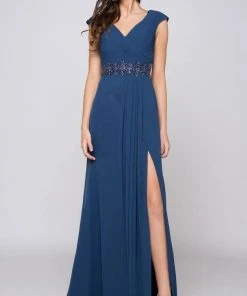 Marsoni By Colors - M169 Ruched Wrap Cap Sleeve Gown