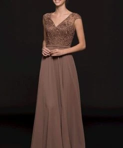 Marsoni By Colors - M219 Embellished V-neck Chiffon A-line Dress