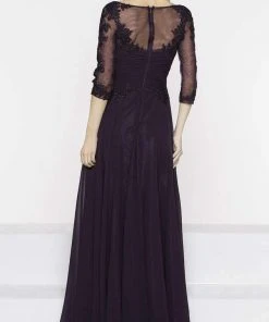 Marsoni By Colors - M237 V-Neck Beaded Lace Applique Chiffon Dress