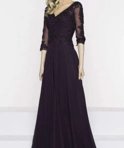 Marsoni By Colors - M237 V-Neck Beaded Lace Applique Chiffon Dress