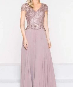 Marsoni By Colors - M243 Short Sleeve Embroidered Peplum Chiffon Gown