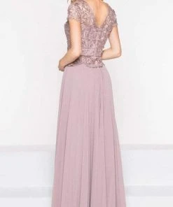 Marsoni By Colors - M243 Short Sleeve Embroidered Peplum Chiffon Gown