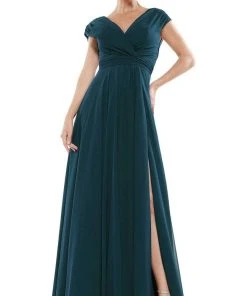 Marsoni By Colors - M251 Gathered V Neck Off Shoulder A-Line Gown