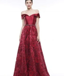 Marsoni By Colors - MV1013 Off-Shoulder Lace A-line Dress