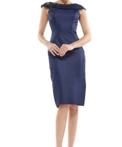 Marsoni By Colors - MV1058 Beaded Adorned Neckline Sheath Satin Dress 12 Marsoni By Colors - MV1058 Beaded Adorned Neckline Sheath Satin Dress