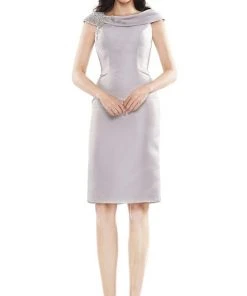 Marsoni By Colors - MV1058 Beaded Adorned Neckline Sheath Satin Dress 14 Marsoni By Colors - MV1058 Beaded Adorned Neckline Sheath Satin Dress