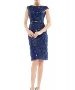 Marsoni By Colors - MV1062 Lace Bateau Knee Length Fitted Dress
