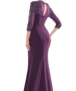 Marsoni By Colors - MV1070 Beaded Sheer Sleeves V Neckline Slit Gown