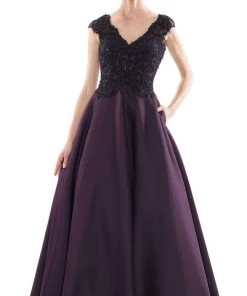 Marsoni By Colors - MV1088 Lace Applique V Neck Satin Ballgown