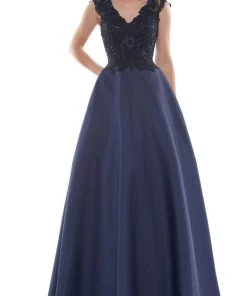 Marsoni By Colors - MV1088 Lace Applique V Neck Satin Ballgown