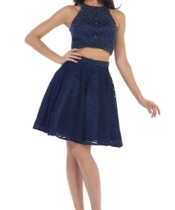 Short Dresses May Queen - MQ1444 Two-Piece Ornate Jewel Textured Cocktail Dress